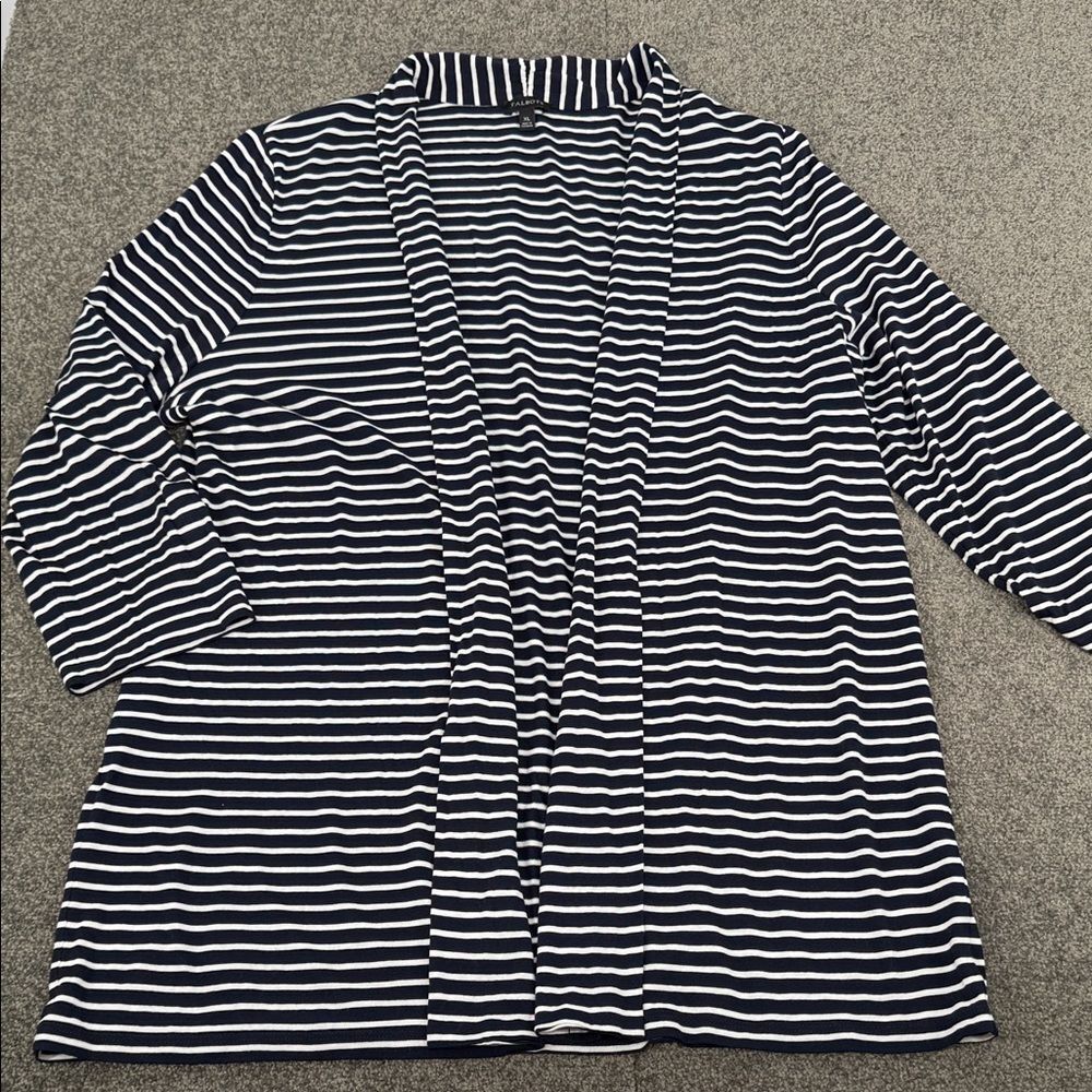 Talbots Cardigan Wm XL Navy Blue White Striped Open Front Long Line 3/4 Sleeve